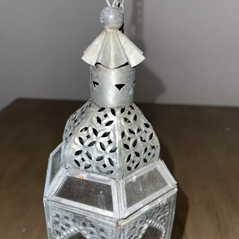Vintage 2 Moroccan Style Hanging Metal Lantern Candle Holder Pierced Filigree
